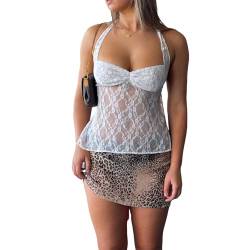 RTGSE Frauen Criss Cross Neckholder Crop Tops Farbblock Tie Up Weste Top Ärmelloses Rückenfreies Lace-up Tube Top Y2K Cami Top (F1 White, S) von RTGSE