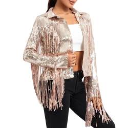 RTGSE Frauen Funkelnde Pailletten Jacke glänzender Glitzer Quasten Fringe Sem Disco Jacket Paillettenrandjacke Mantel Y2K 90S Streetwear (Champagne, M) von RTGSE