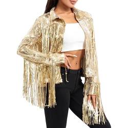 RTGSE Frauen Funkelnde Pailletten Jacke glänzender Glitzer Quasten Fringe Sem Disco Jacket Paillettenrandjacke Mantel Y2K 90S Streetwear (Gold, 2XL) von RTGSE