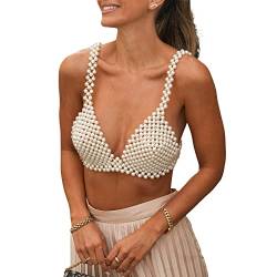 RTGSE Frauen Hohlausbilder Perlen Perlen Tank Top Spaghetti -Gurt Camisole Crop Tops Perlen Dekoration Ärmellose Perlenweste Top (Creamy, One Size) von RTGSE