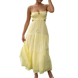 RTGSE Frauen Mesh Print Spaghetti Strap Dress Y2K Ärmelloses Floral Printed Slit Maxikleid Vintage Clubwear Kleid 90er Streetwear (Boho Yellow, S) von RTGSE