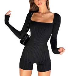 RTGSE Frauen Sexy Strickoverall Langarm Streifen bedruckter Strampler mit Kragen, Figurbetonter einteiliger Bodysuit Playsuit Y2K 90er Streetwear (Black, M) von RTGSE