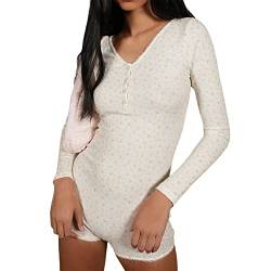 RTGSE Frauen Sexy Strickoverall Langarm Streifen bedruckter Strampler mit Kragen, Figurbetonter einteiliger Bodysuit Playsuit Y2K Streetwear (Lace White Floral, S) von RTGSE