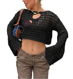 RTGSE Frauen Y2K Crochet Crop Top Langarm Strick Color Block Top Square Neck Crochet Aushöhlen Pullover Pullover 90er Streetwear von RTGSE