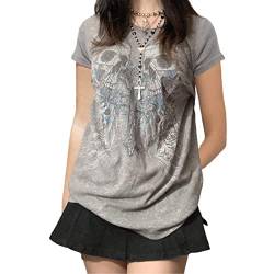 RTGSE Frauen Y2K Graphic Print T-Shirt Gothic Punk Crop Top Casual Kurzarm Crop Tee Vintage Shirts Harajuku Streetwear (Gothic Skull Grey, L) von RTGSE