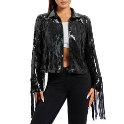 RTGSE Frauen funkelnde Pailletten Jacke glänzender Glitzer Quasten Fringe Sem Disco Jacket Paillettenrandjacke Mantel Y2K 90S Streetwear (Black, S) von RTGSE