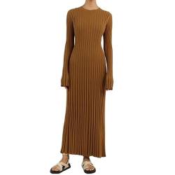 RTGSE Frauen mit langem Ärmel Rib strickte Lange Kleid eleganter Crew Hals gerippt gestrickt Midi Kleid Feste Farbe Maxi Kleid Streetwear (A Camel, M) von RTGSE