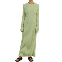 RTGSE Frauen mit langem Ärmel Rib strickte Lange Kleid eleganter Crew Hals gerippt gestrickt Midi Kleid Feste Farbe Maxi Kleid Streetwear (A Green, L) von RTGSE