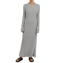 RTGSE Frauen mit langem Ärmel Rib strickte Lange Kleid eleganter Crew Hals gerippt gestrickt Midi Kleid Feste Farbe Maxi Kleid Streetwear (A Light Gray, L) von RTGSE