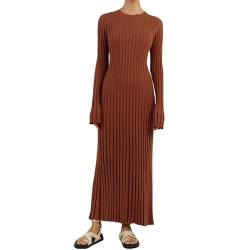 RTGSE Frauen mit langem Ärmel Rib strickte Lange Kleid eleganter Crew Hals gerippt gestrickt Midi Kleid Feste Farbe Maxi Kleid Streetwear (A Reddish Coffee, L) von RTGSE