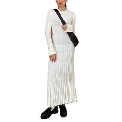 RTGSE Frauen mit langem Ärmel Rib strickte Lange Kleid eleganter Crew Hals gerippt gestrickt Midi Kleid Feste Farbe Maxi Kleid Streetwear (A White, S) von RTGSE