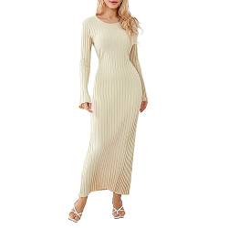 RTGSE Frauen mit langem Ärmel Rib strickte Lange Kleid eleganter Crew Hals gerippt gestrickt Midi Kleid Feste Farbe Maxi Kleid Streetwear (Apricot, M) von RTGSE