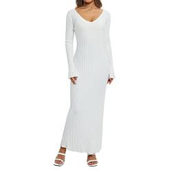 RTGSE Frauen mit langem Ärmel Rib strickte Lange Kleid eleganter Crew Hals gerippt gestrickt Midi Kleid Feste Farbe Maxi Kleid Streetwear (B White, L) von RTGSE