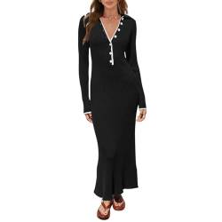 RTGSE Frauen mit langem Ärmel Rib strickte Lange Kleid eleganter Crew Hals gerippt gestrickt Midi Kleid Feste Farbe Maxi Kleid Streetwear (Button Black, L) von RTGSE