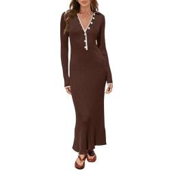 RTGSE Frauen mit langem Ärmel Rib strickte Lange Kleid eleganter Crew Hals gerippt gestrickt Midi Kleid Feste Farbe Maxi Kleid Streetwear (Button Coffee, M) von RTGSE