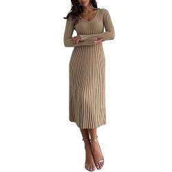 RTGSE Frauen mit langem Ärmel Rib strickte Lange Kleid eleganter Crew Hals gerippt gestrickt Midi Kleid Feste Farbe Maxi Kleid Streetwear (T Khaki, M) von RTGSE