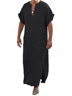 RTGSE Herren V-Ausschnitt Kurzarm Robe Kaftan Side Split Casual Langes Kleid Thobe Nachthemd Hemd Loungewear Sommer Beachwear (Black, XX-Large) von RTGSE