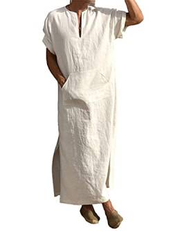 RTGSE Herren V-Ausschnitt Kurzarm Robe Kaftan Side Split Casual Langes Kleid Thobe Nachthemd Hemd Loungewear Sommer Beachwear (White, 4X-Large) von RTGSE