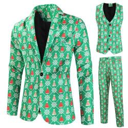 RTGSE Herren Weihnachtsanzug Hässliche Weihnachtskostüm Anzug Jacke + Ärmellose Weste + Lange Hosen Hose 3 Stück Kleidung Sets für Party (D Green, L) von RTGSE