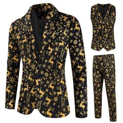 RTGSE Herren Weihnachtsanzug Hässliche Weihnachtskostüm Anzug Jacke + Ärmellose Weste + Lange Hosen Hose 3 Stück Kleidung Sets für Party (H Gold, M) von RTGSE