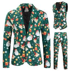 RTGSE Herren Weihnachtsanzug Hässliche Weihnachtskostüm Anzug Jacke + Ärmellose Weste + Lange Hosen Hose 3 Stück Kleidung Sets für Party (N Green, XL) von RTGSE