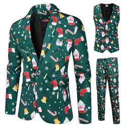 RTGSE Herren Weihnachtsanzug Hässliche Weihnachtskostüm Anzug Jacke + Ärmellose Weste + Lange Hosen Hose 3 Stück Kleidung Sets für Party (Xmas Green, XL) von RTGSE