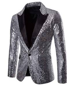 RTGSE Herren glänzende Sequin Blazer Jacke Langarm Glitzer Blazer Knopf Smoking Nachtclub Prom Anzug Blazer Kostüm für die Bühne (Silver, L) von RTGSE