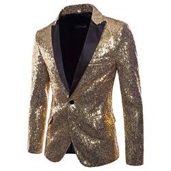 RTGSE Men's Shiny Sequins Jacket Long Sleeve Glitter Blazer One Button Tuxedo Nightclub Prom Suit Blazer Costume for Stage (Gold, X-Large) von RTGSE