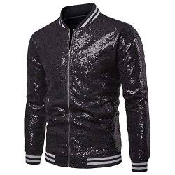 RTGSE Paillettenjacke für Herren mit Reißverschluss, College-Baseball-Bomberjacke, glänzender, Leichter Mantel, Clubwear-Bomberjacke für die Bühne (Black, Large) von RTGSE