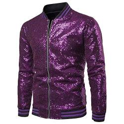 RTGSE Paillettenjacke für Herren mit Reißverschluss, College-Baseball-Bomberjacke, glänzender, Leichter Mantel, Clubwear-Bomberjacke für die Bühne (Purple, Medium) von RTGSE