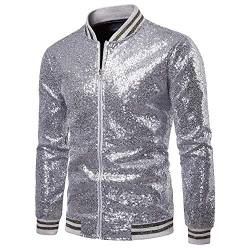 RTGSE Paillettenjacke für Herren mit Reißverschluss, College-Baseball-Bomberjacke, glänzender, Leichter Mantel, Clubwear-Bomberjacke für die Bühne (Silver, XX-Large) von RTGSE