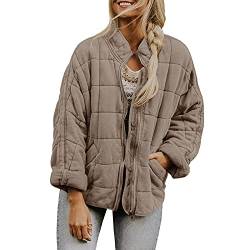 RTGSE Women Casual Dolman Quilted Jacket Long Sleeve Zip Up Stand Neck Lightweight Jacket Warm Winter Outwear (Khaki, Medium) von RTGSE