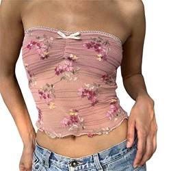 RTGSE Womens Strapless Crop Tops Sexy Boat Neck Vest Top Harajuku Gothic Punk Tube Tops Summer Y2K 90s Streetwear (A Pink Floral, S) von RTGSE