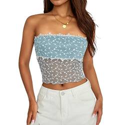 RTGSE Womens Strapless Crop Tops Sexy Boat Neck Vest Top Harajuku Gothic Punk Tube Tops Summer Y2K 90s Streetwear (Lace Lake Blue, S) von RTGSE