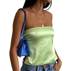 RTGSE Womens Strapless Crop Tops Sexy Boat Neck Vest Top Harajuku Gothic Punk Tube Tops Summer Y2K Tank Top 90s Streetwear (Satin Silk Green, S) von RTGSE