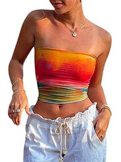 RTGSE Womens Strapless Crop Tops Sexy Boat Neck Vest Top Harajuku Gothic Punk Tube Tops Summer Y2K Tank Tops 90s Streetwear (Chic Tie Dye Orange, L) von RTGSE