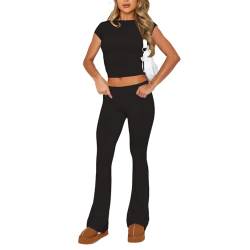RTGSE Womens Two Peice Pants Set Outfit Casual Tracksuit Short Sleeve Tank Top with Trousers 2 Piece Clothes Set Loungewear (Black 2, S) von RTGSE