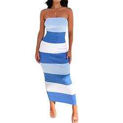 Womens Off Shoulder Ribbed Knit Bodycon Dress Twist Knot Front Tube Dress Strapless Sleeveless Party Cocktail Maxi Dress (Striped Blue, M) von RTGSE