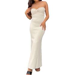 Womens Off Shoulder Ribbed Knit Bodycon Dress Twist Knot Front Tube Dress Strapless Sleeveless Party Cocktail Maxi Dress (White, Medium) von RTGSE
