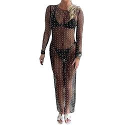 Womens Sexy Pearls See Through Dress Summer Beach Bikni Cover Up Dress Long Sleeve Hollow Out Sheer Mesh Maxi Dress (A-Black, L) von RTGSE