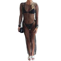 Womens Sexy Pearls See Through Dress Summer Beach Bikni Cover Up Dress Long Sleeve Hollow Out Sheer Mesh Maxi Dress (A Split Hem Black, S) von RTGSE