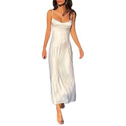 Womens Summer Satin Silky Cami Slip Dress Solid Color Smooth Satin Silk A-Line Backless Midi Dress Clubwear Long Dress (White, L) von RTGSE