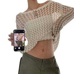 Womens Y2K Long Sleeve Crochet Crop Tops Color Block Hollow Out Shirt Squre Neck Crochet Knitted Top 90s Streetwear (C5, S) von RTGSE