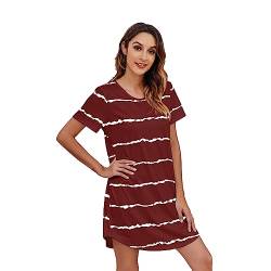 Damen Nachthemd Streifen Kurzarm Sleep Tee Nachtwäsche Rundhals Lässige Sleepshirt Negligee Freizeitkleid Loose Sleepwear (Color : Red, Size : 5XL) von RTHLEQIEE