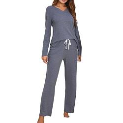 Damen Schlafanzug Lang Pyjama Set Waffelstrick Langarm V Ausschnitt Schlafanzugoberteil Pyjamahose Mit Tunnelzug Freizeitanzug Hausanzug (Color : Blue, Size : M) von RTHLEQIEE