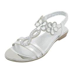 RTPR Damen Sommer Freizeit Sandale mit Absatz Frauen Sommer Gummiband Blumen Strass Casual Offene spitze Flache Weiche Unterseite Atmungsaktive Schuhe Sandalen Silberne Schuhe Damen 38 (Silver, 37) von RTPR