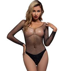 RUIBAVYA Damen Perspektive Strass Mesh Bodysuit Top Rückenfrei Sexy Langarm Fischnetz Body Dessous Bodystocking Schwarz von RUIBAVYA