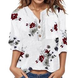 RUIRUILICO Damenblusen 3/4 Arm Damen Blusen Langarm Elegant Tunika Damen Sommer Bunt Bluse Rundhals T Shirt Bunte Blumen Drucken Hemd Boho Bluse Mode Lässige Oberteile mit Knop von RUIRUILICO