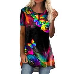 RUIRUILICO Longbluse Damen Sommer Damenblusen Bunt Bluse Kurzarm Rundhal Shirts Vintage Boho Tshirt Elegant und Lang Flowy Locker Bunte Tunika Damen Oversize Mode Frühling Sommer Buntes Oberteil von RUIRUILICO