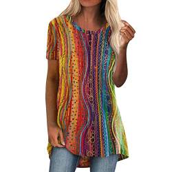 RUIRUILICO Longbluse Damen Sommer Damenblusen Bunt Bluse Kurzarm Rundhal Shirts Vintage Boho Tshirt Elegant und Lang Flowy Locker Bunte Tunika Damen Oversize Mode Frühling Sommer Buntes Oberteil von RUIRUILICO